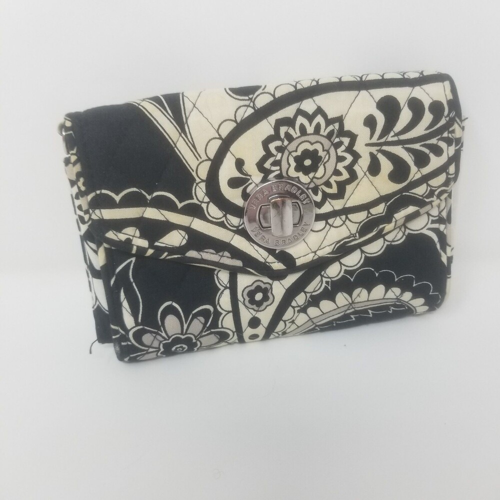 Vera Bradley Midnight Paisley Turnlock Wallet Black White Quilted Cotton Canvas